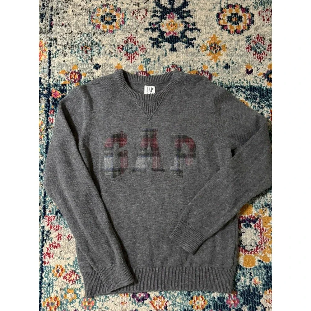 GAP Kids Gray Cotton Tartan‎ Plaid Logo Crewneck Sweater Size XL Festive Xmas